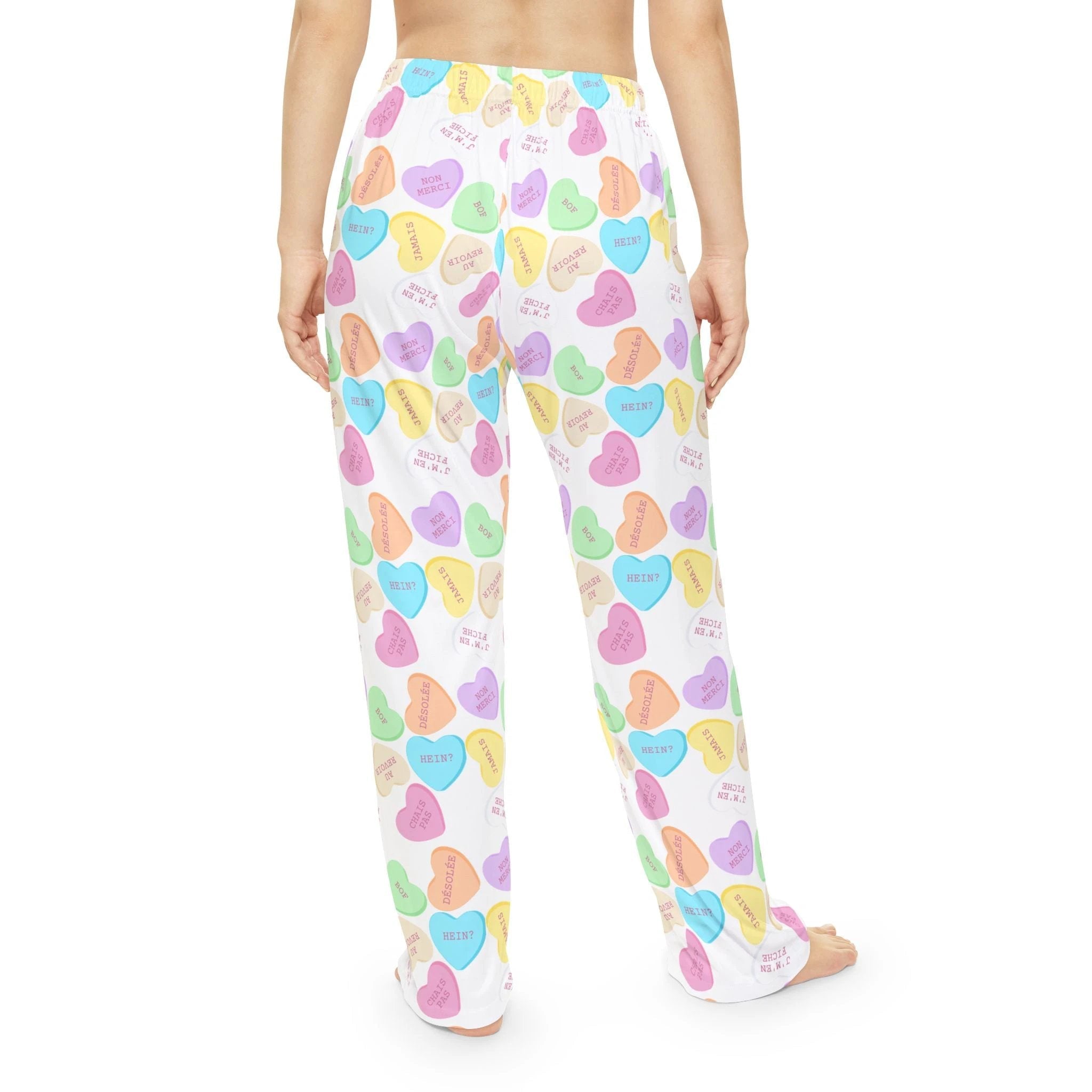 Sassy French Candy Heart Pajama Pants, Pastel Conversation Hearts Print Sleepwear by Printify