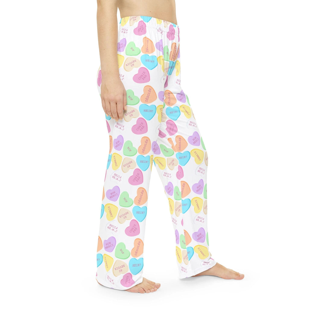 Sassy French Candy Heart Pajama Pants, Pastel Conversation Hearts Print Sleepwear by Printify