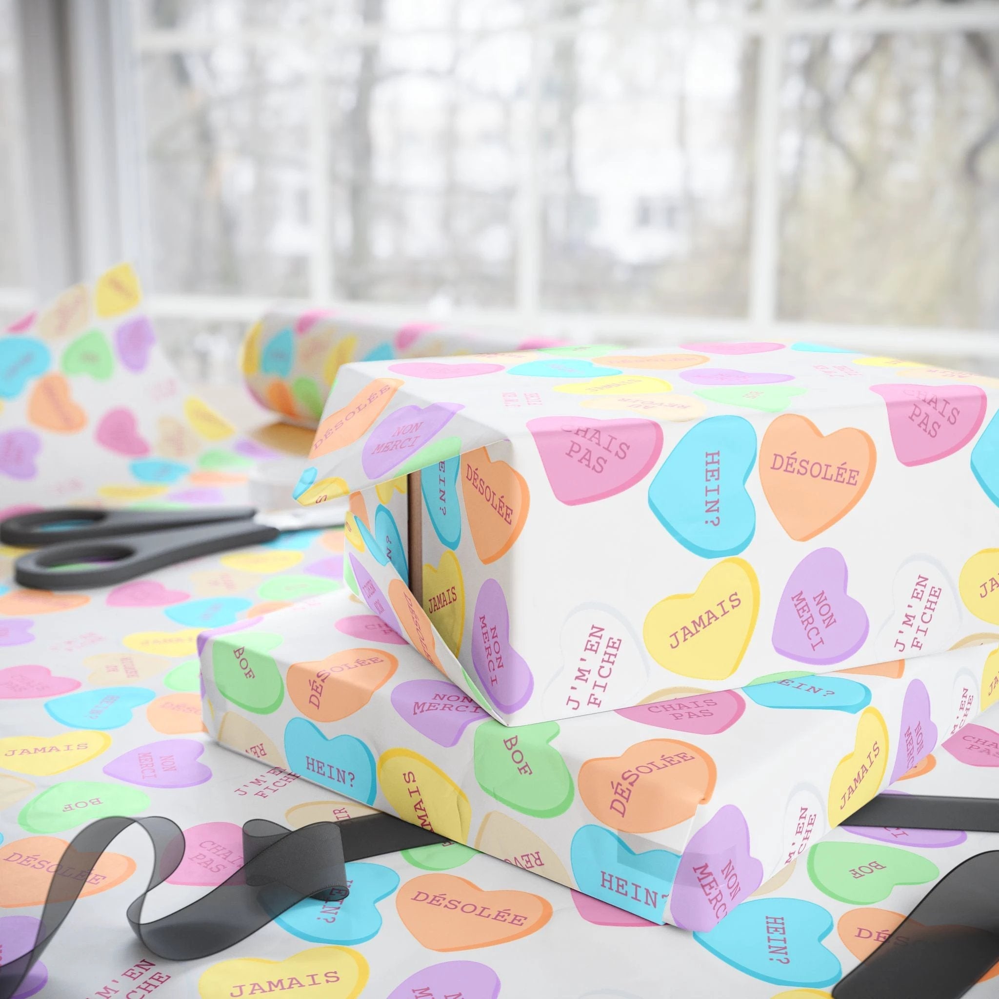 Sassy French Conversation candy Heart Wrapping Paper, Pastel Valentine Gift Wrap by Printify