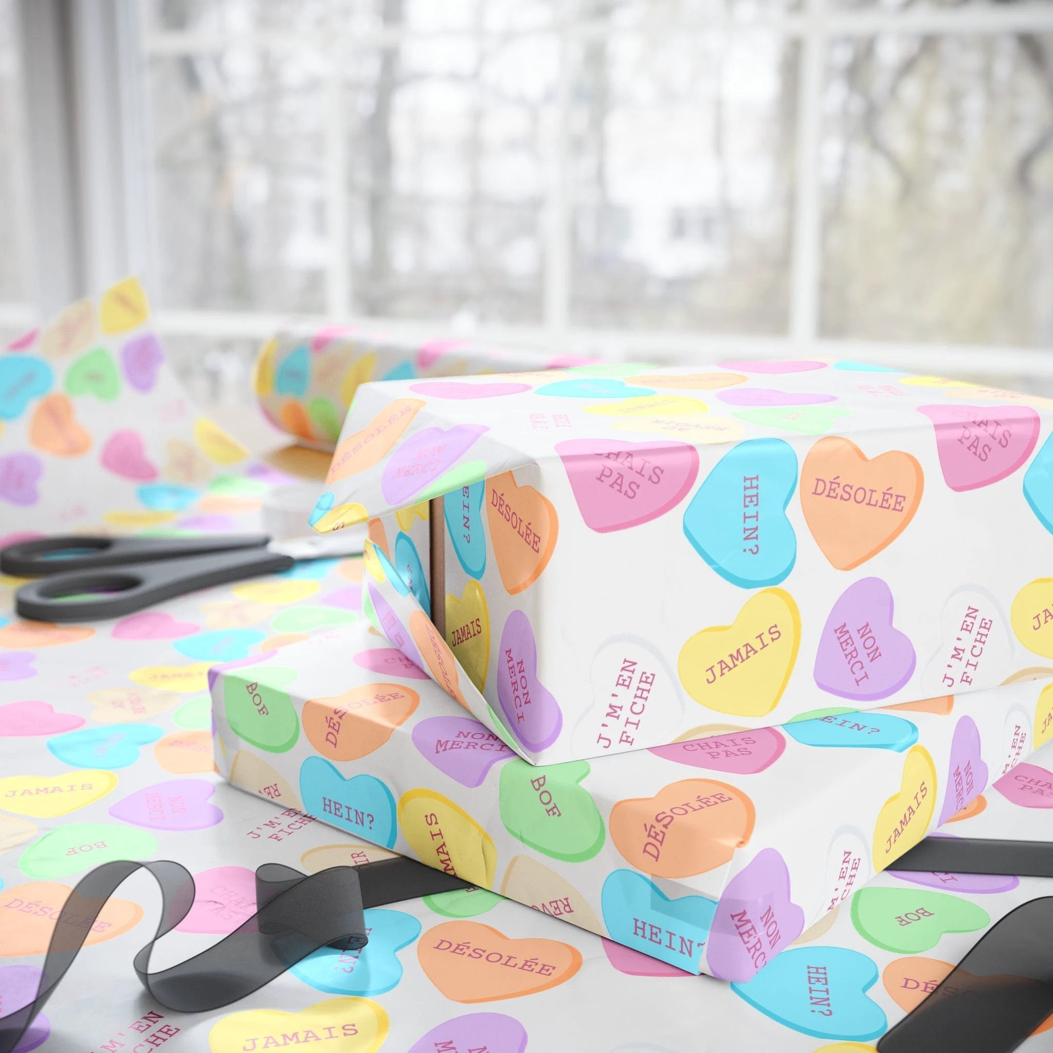 Sassy French Conversation candy Heart Wrapping Paper, Pastel Valentine Gift Wrap by Printify