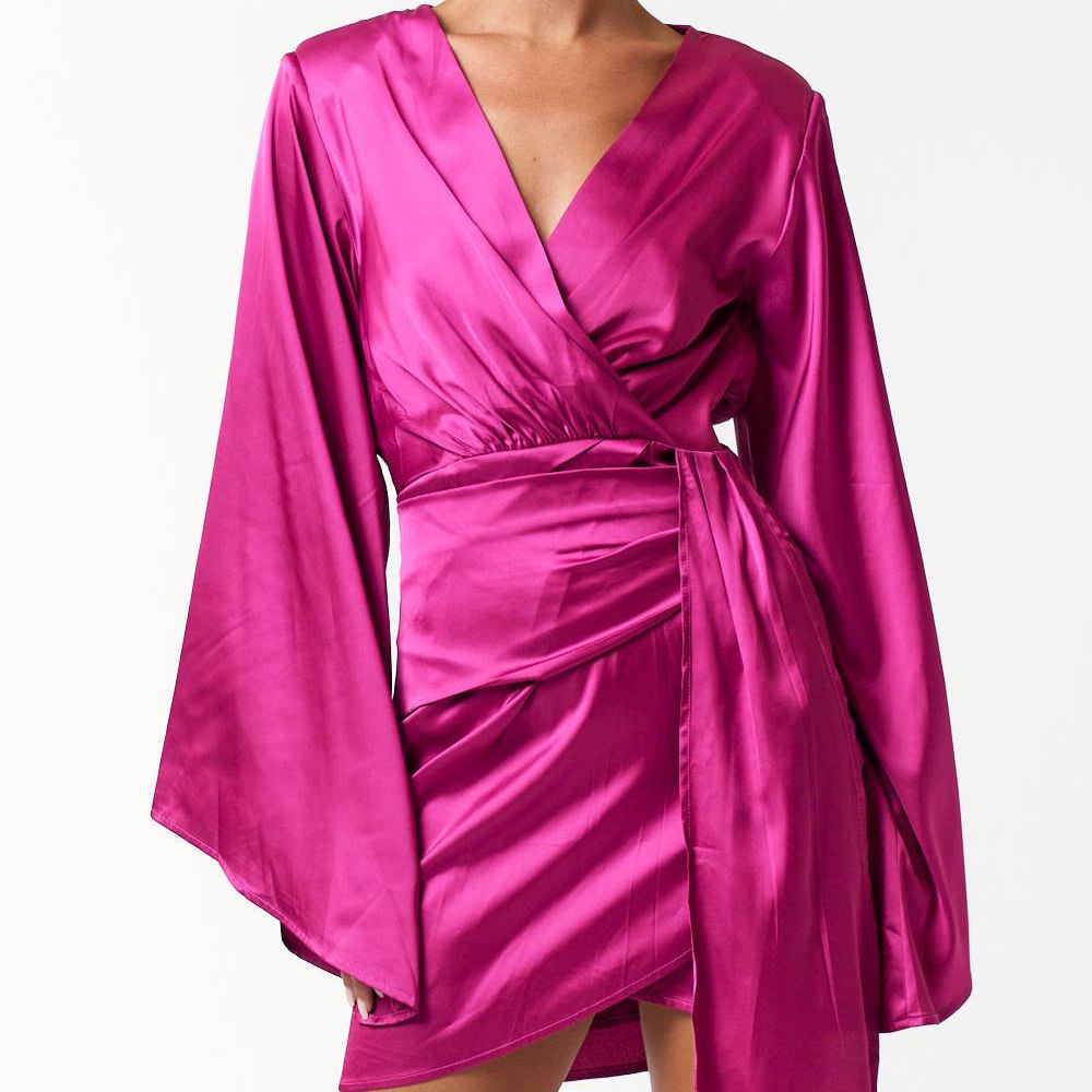 Satin Bell Long Sleeve Wrap Mini Dress in Magenta [Available in Sizes SM - L]