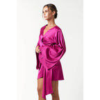 Satin Bell Long Sleeve Wrap Mini Dress in Magenta [Available in Sizes SM-L] by The Bullish Store