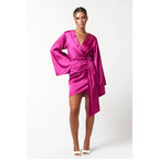 Satin Bell Long Sleeve Wrap Mini Dress in Magenta [Available in Sizes SM-L] by The Bullish Store