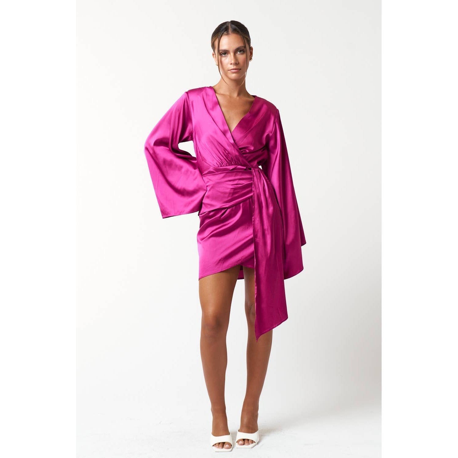 Satin Bell Long Sleeve Wrap Mini Dress in Magenta [Available in Sizes SM - L]