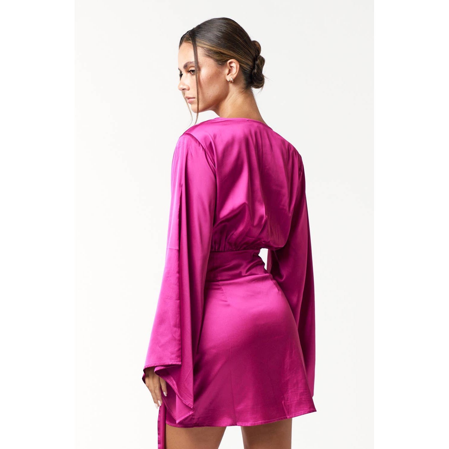 Satin Bell Long Sleeve Wrap Mini Dress in Magenta [Available in Sizes SM - L]