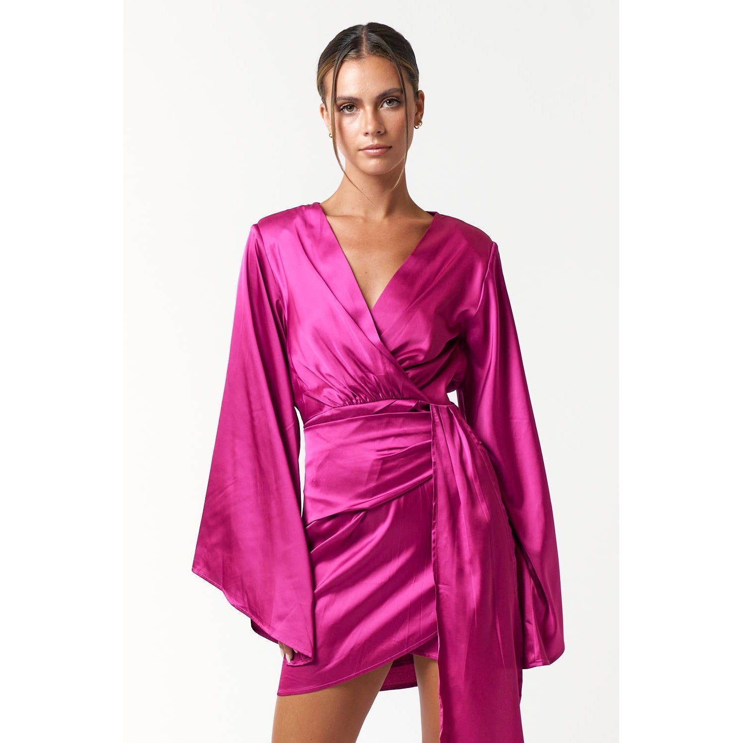 Satin Bell Long Sleeve Wrap Mini Dress in Magenta [Available in Sizes SM - L]