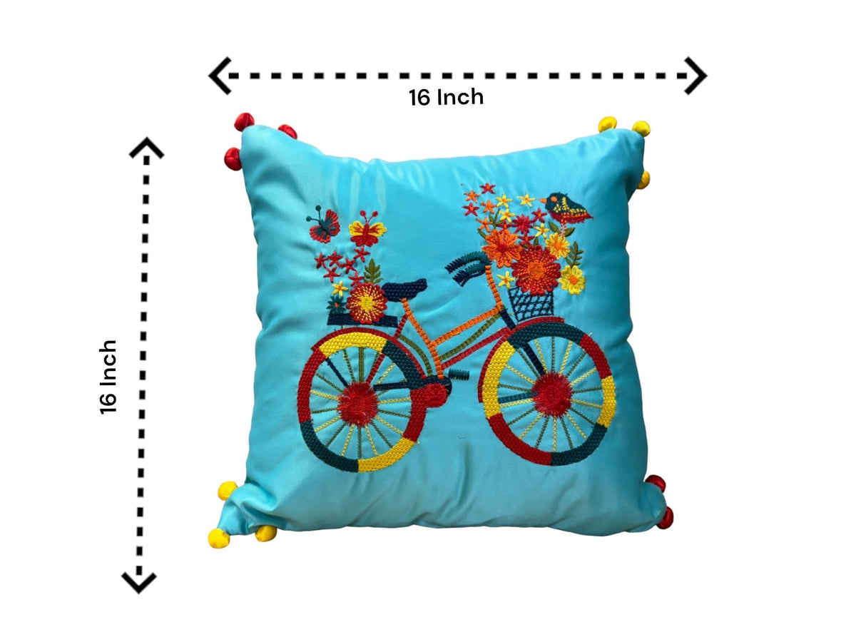 Satin Cushion or Pillow Cover with Cycle Embroidery & Satin Pompom on Sides, Set of 2 Cushion Cover La Vie Bien Satin Cushion or Pillow Cover with Cycle Embroidery & Satin Pompom on Sides, Set of 2