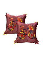 Satin Cushion or Pillow Cover with Cycle Embroidery & Satin Pompom on Sides, Set of 2 Cushion Cover La Vie Bien Satin Cushion or Pillow Cover with Cycle Embroidery & Satin Pompom on Sides, Set of 2