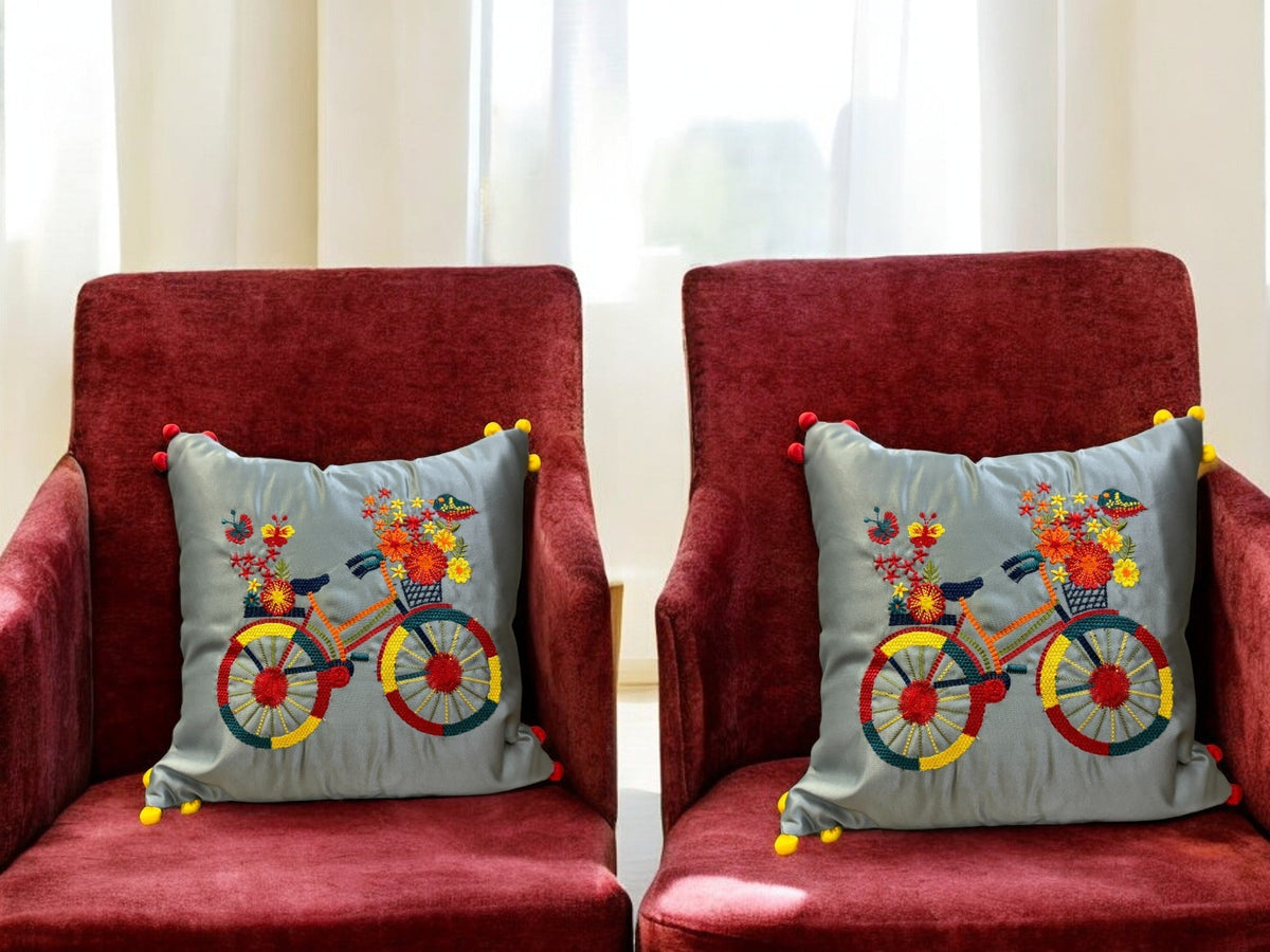 Satin Cushion or Pillow Cover with Cycle Embroidery & Satin Pompom on Sides, Set of 2 Cushion Cover La Vie Bien Satin Cushion or Pillow Cover with Cycle Embroidery & Satin Pompom on Sides, Set of 2