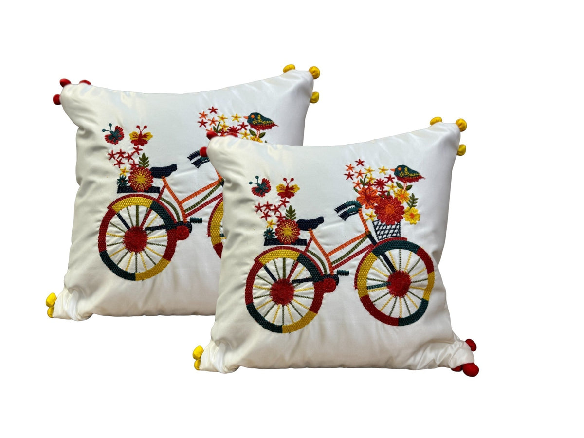Satin Cushion or Pillow Cover with Cycle Embroidery & Satin Pompom on Sides, Set of 2 Cushion Cover La Vie Bien Satin Cushion or Pillow Cover with Cycle Embroidery & Satin Pompom on Sides, Set of 2