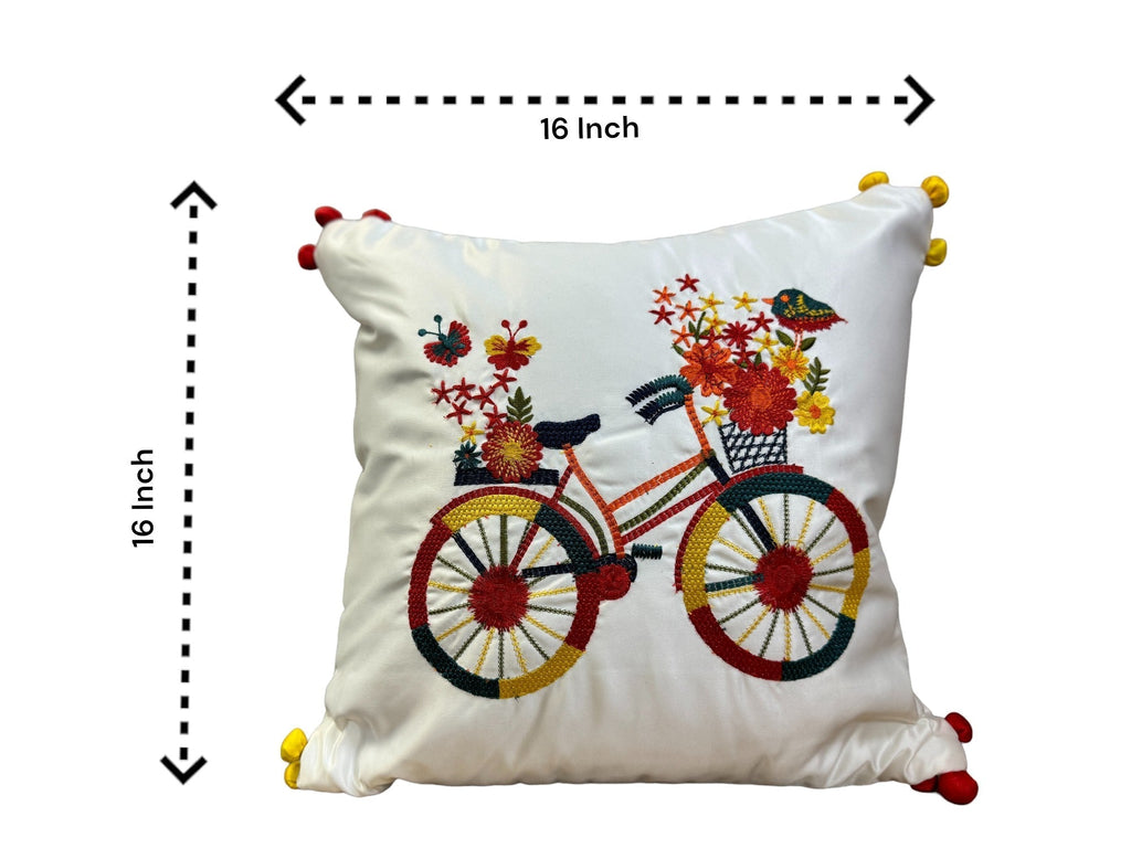 Satin Cushion or Pillow Cover with Cycle Embroidery & Satin Pompom on Sides, Set of 2 Cushion Cover La Vie Bien Satin Cushion or Pillow Cover with Cycle Embroidery & Satin Pompom on Sides, Set of 2