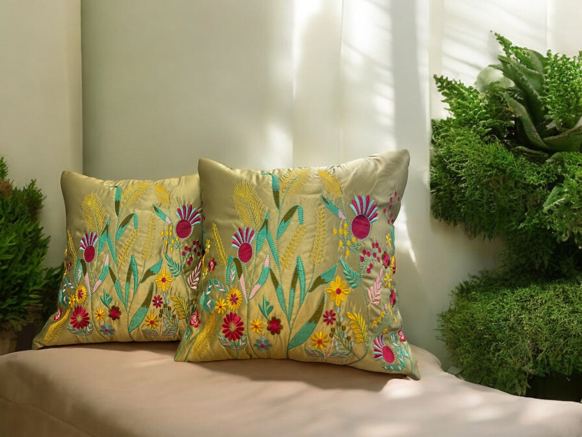 Satin Cushion or Pillow Cover with Garden Embroidery, Set of 2 Cushion Cover La Vie Bien Satin Cushion or Pillow Cover with Garden Embroidery, Set of 2
