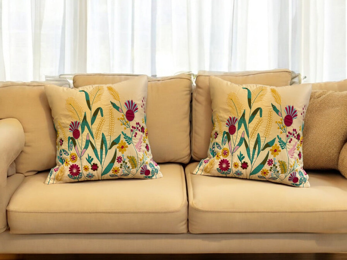 Satin Cushion or Pillow Cover with Garden Embroidery, Set of 2 Cushion Cover La Vie Bien Satin Cushion or Pillow Cover with Garden Embroidery, Set of 2