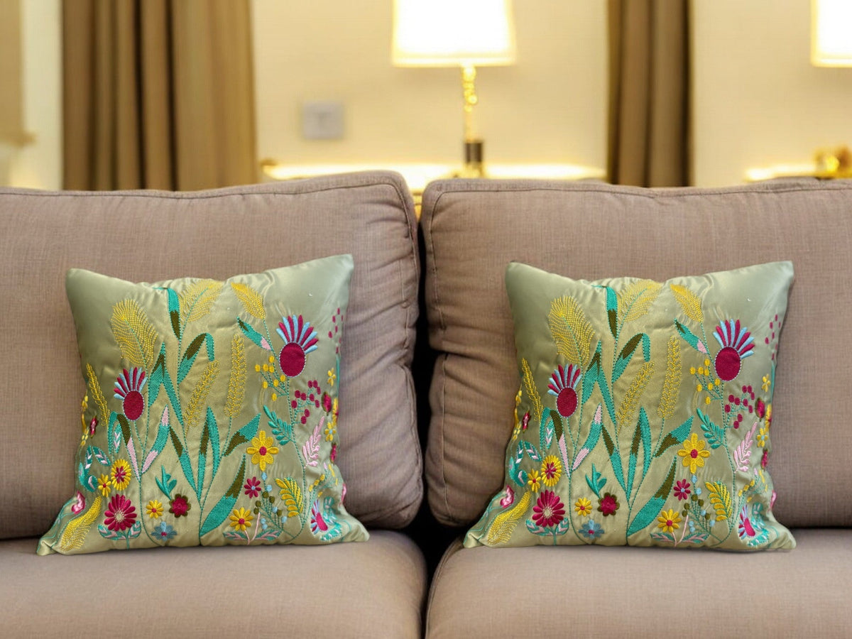 Satin Cushion or Pillow Cover with Garden Embroidery, Set of 2 Cushion Cover La Vie Bien Satin Cushion or Pillow Cover with Garden Embroidery, Set of 2