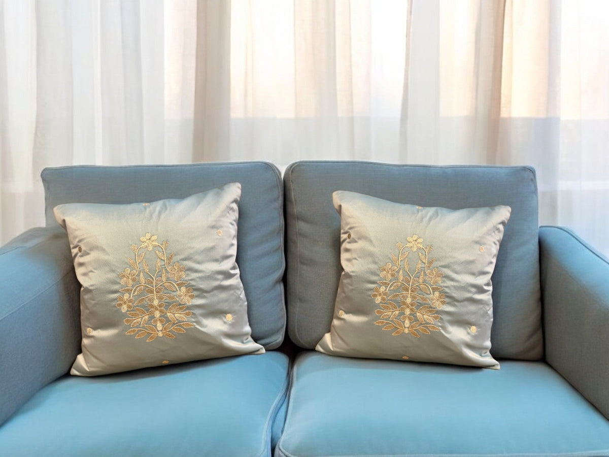 Satin Cushion or Pillow Cover with Golden Flower & Leaf, Set of 2 Cushion Cover La Vie Bien Satin Cushion or Pillow Cover with Golden Flower & Leaf, Set of 2