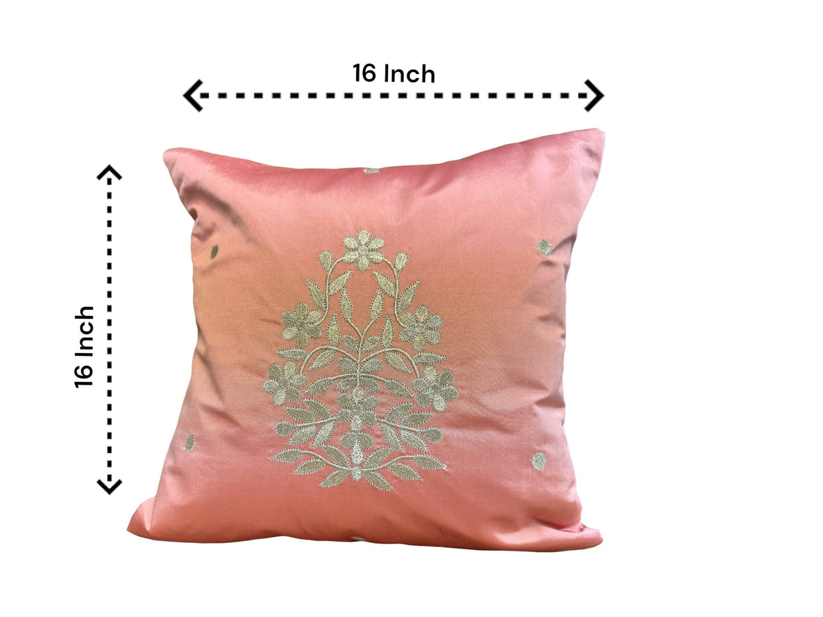Satin Cushion or Pillow Cover with Golden Flower & Leaf, Set of 2 Cushion Cover La Vie Bien Satin Cushion or Pillow Cover with Golden Flower & Leaf, Set of 2