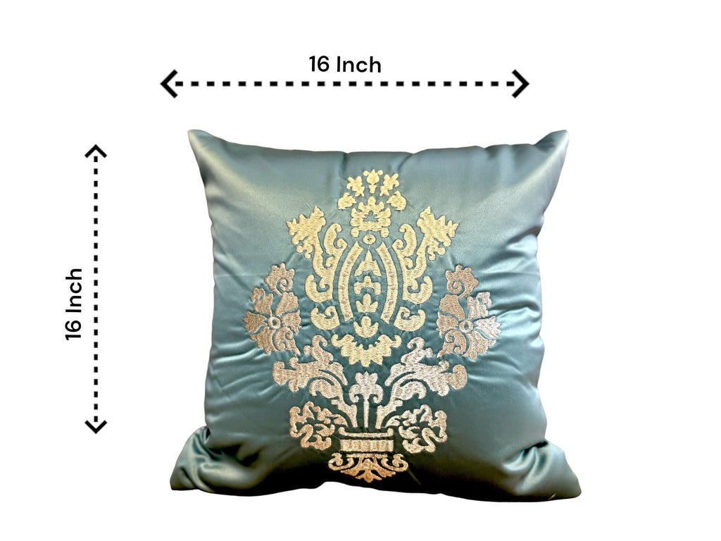 Satin Cushion or Pillow Cover with Golden & Ivory Embroidery, Set of 2 Cushion Cover La Vie Bien Satin Cushion or Pillow Cover with Golden & Ivory Embroidery, Set of 2