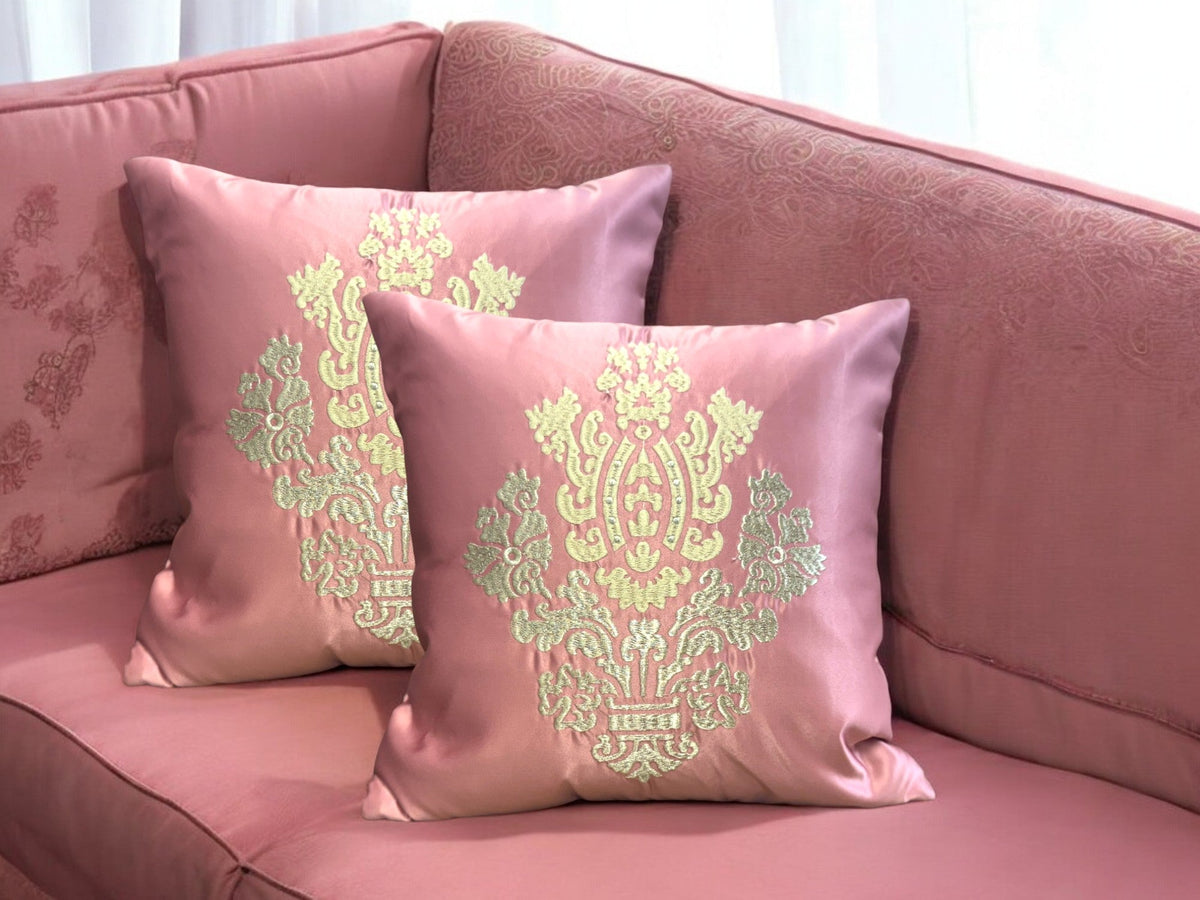 Satin Cushion or Pillow Cover with Golden & Ivory Embroidery, Set of 2 Cushion Cover La Vie Bien Satin Cushion or Pillow Cover with Golden & Ivory Embroidery, Set of 2