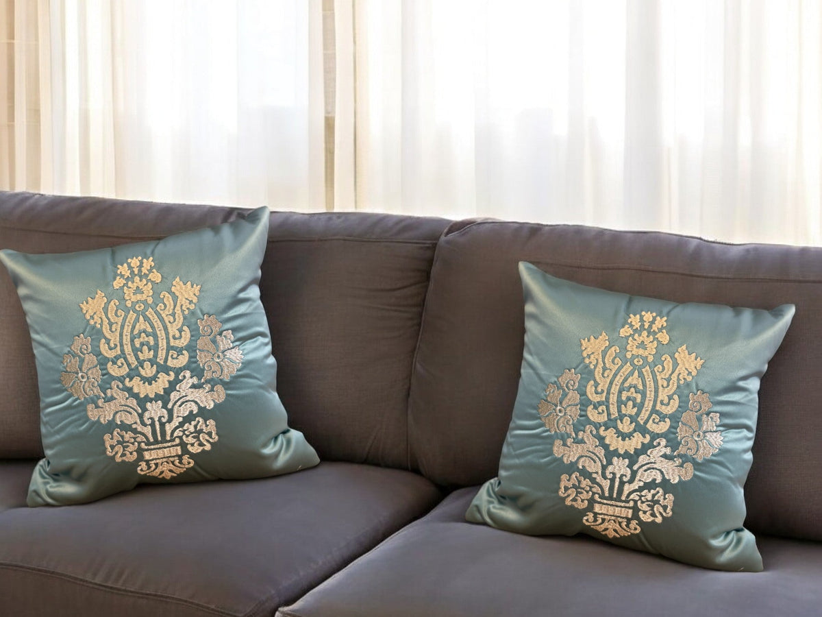 Satin Cushion or Pillow Cover with Golden & Ivory Embroidery, Set of 2 Cushion Cover La Vie Bien Satin Cushion or Pillow Cover with Golden & Ivory Embroidery, Set of 2