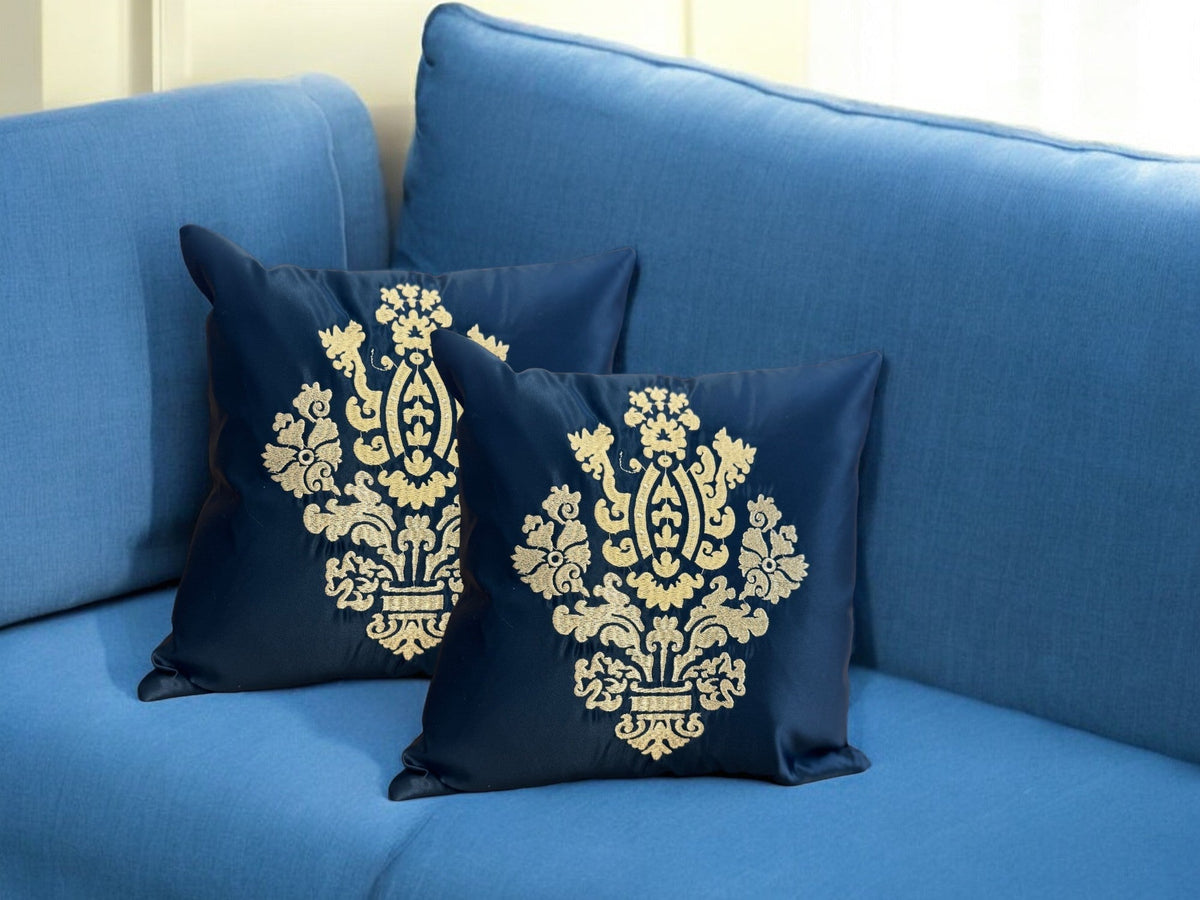 Satin Cushion or Pillow Cover with Golden & Ivory Embroidery, Set of 2 Cushion Cover La Vie Bien Satin Cushion or Pillow Cover with Golden & Ivory Embroidery, Set of 2