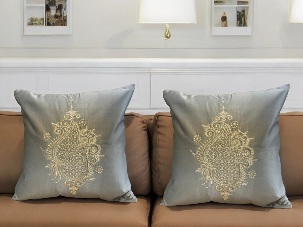Satin Cushion or Pillow Cover with Koyari Embroidery, Set of 2 Cushion Cover La Vie Bien Satin Cushion or Pillow Cover with Koyari Embroidery, Set of 2