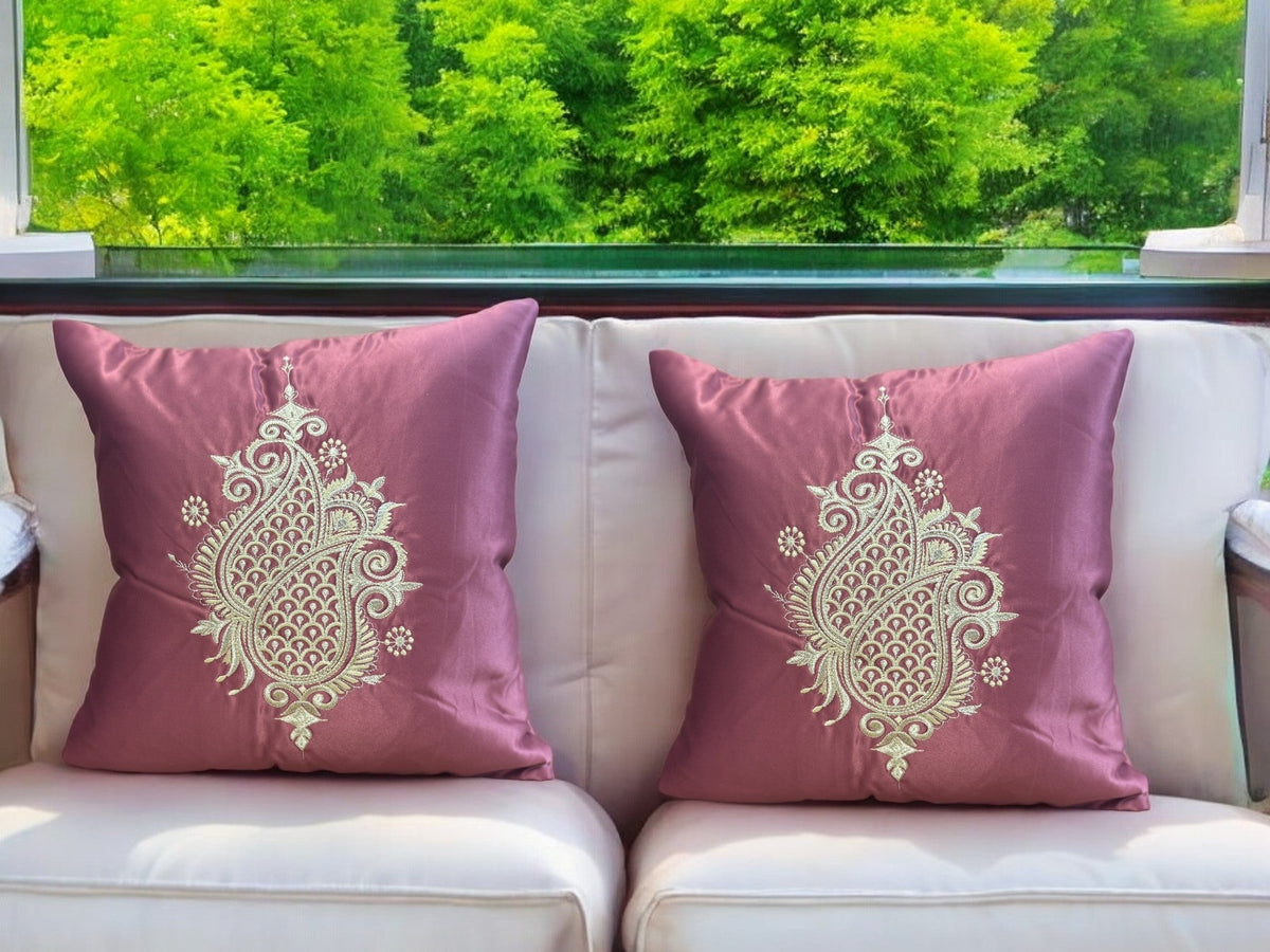 Satin Cushion or Pillow Cover with Koyari Embroidery, Set of 2 Cushion Cover La Vie Bien Satin Cushion or Pillow Cover with Koyari Embroidery, Set of 2