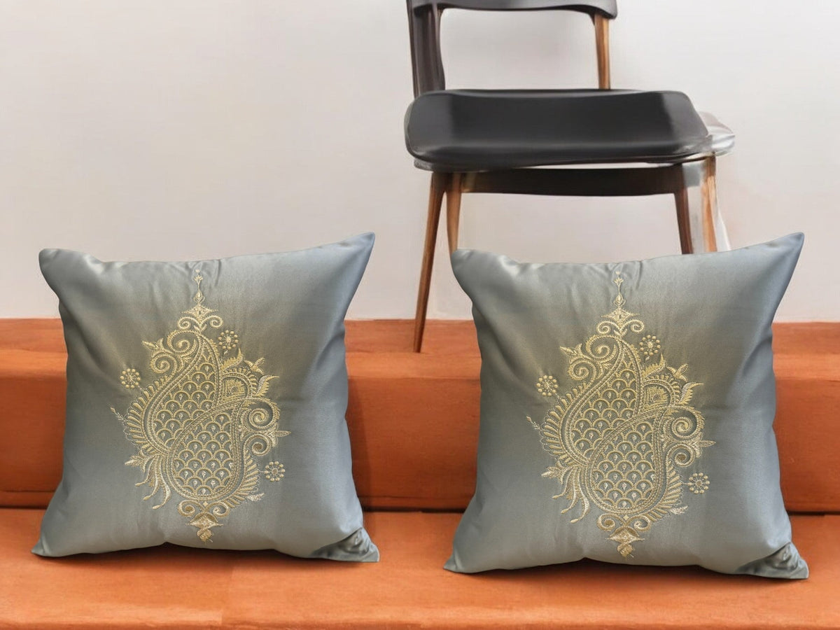 Satin Cushion or Pillow Cover with Koyari Embroidery, Set of 2 Cushion Cover La Vie Bien Satin Cushion or Pillow Cover with Koyari Embroidery, Set of 2
