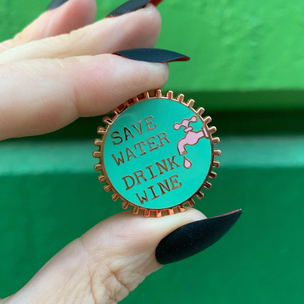 Save Water Drink Wine Pink and Green Enamel Pin on Gift Card Pins La Vie Bien Save Water Drink Wine Pink and Green Enamel Pin on Gift Card