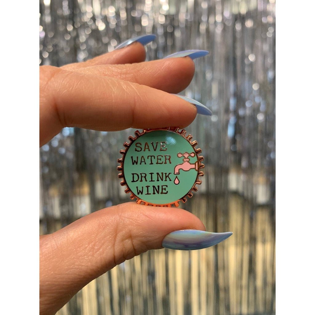 Save Water Drink Wine Pink and Green Enamel Pin on Gift Card Pins La Vie Bien Save Water Drink Wine Pink and Green Enamel Pin on Gift Card