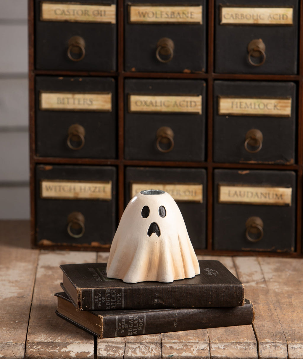 Scared Ghost Candlestick | Halloween Decor | Bethany Lowe Halloween Lanterns & Luminaries La Vie Bien Scared Ghost Candlestick | Halloween Decor | Bethany Lowe