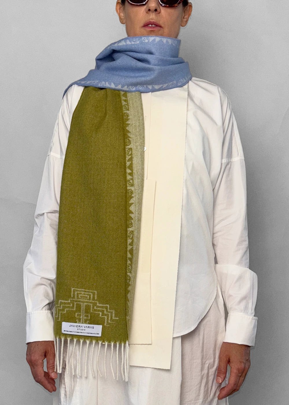 SCARF - Baby Alpaca moss green / light blue by JAVIERA VARAS STUDIO