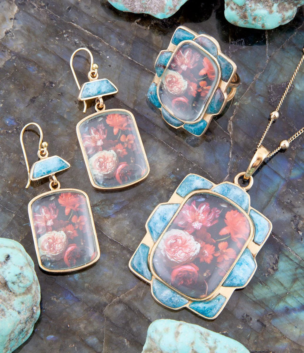 Scenic Dark Florals Blue Apatite Golden Drop Earrings by Barse Jewelry