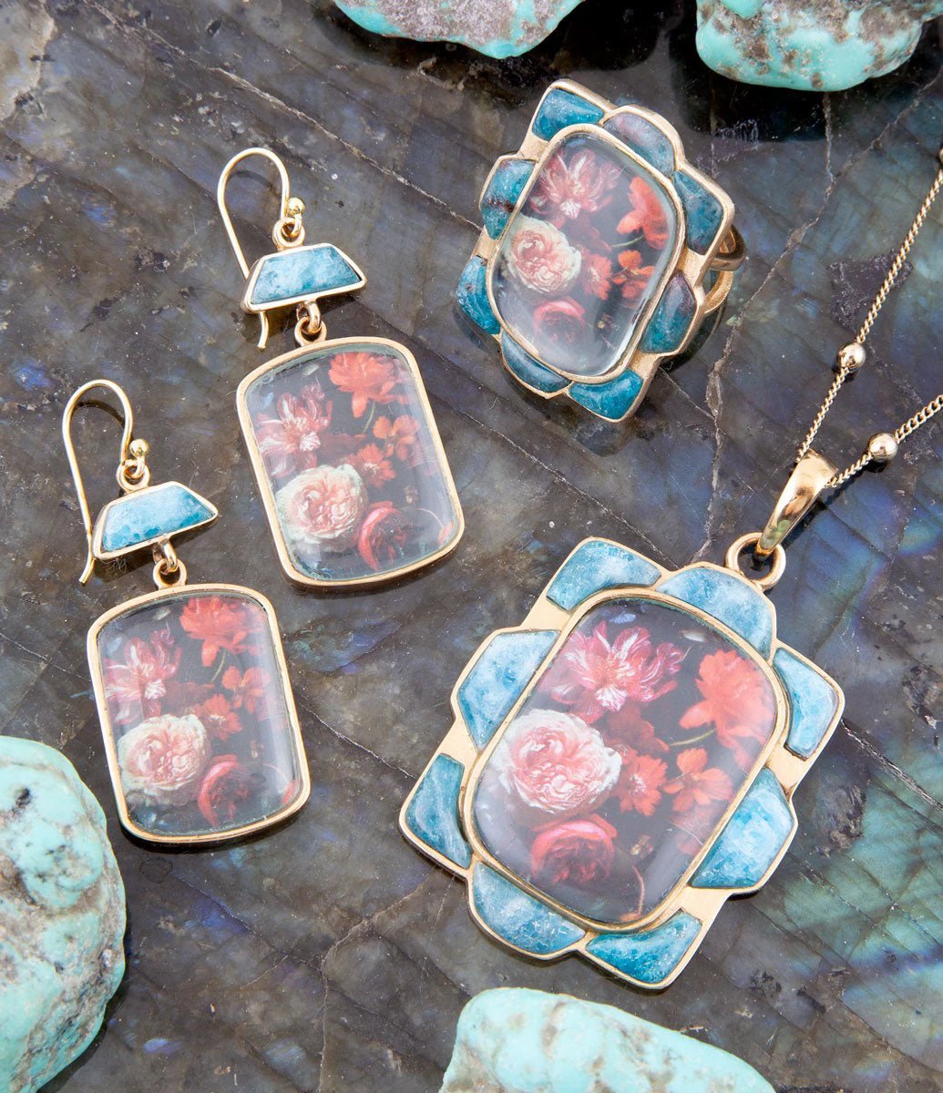 Scenic Dark Florals Blue Apatite Golden Drop Earrings by Barse Jewelry