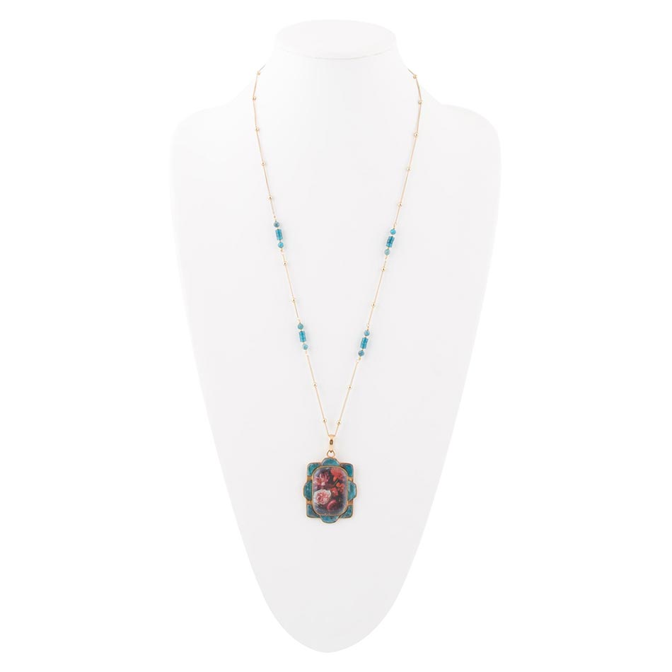 Scenic Red Florals Blue Apatite Golden Pendant Necklace by Barse Jewelry