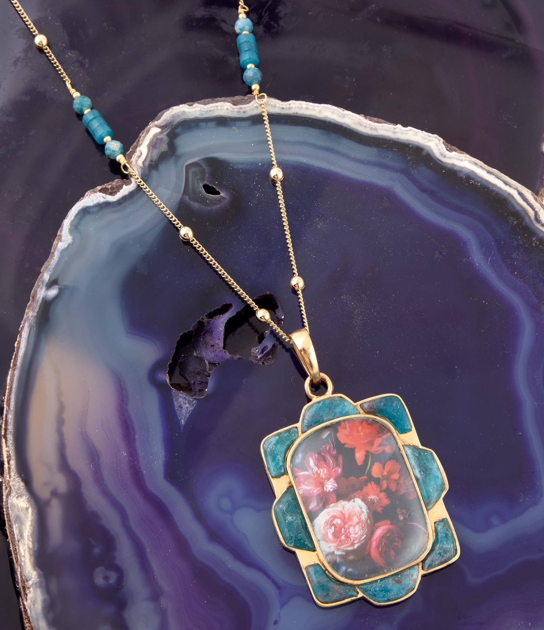Scenic Red Florals Blue Apatite Golden Pendant Necklace by Barse Jewelry