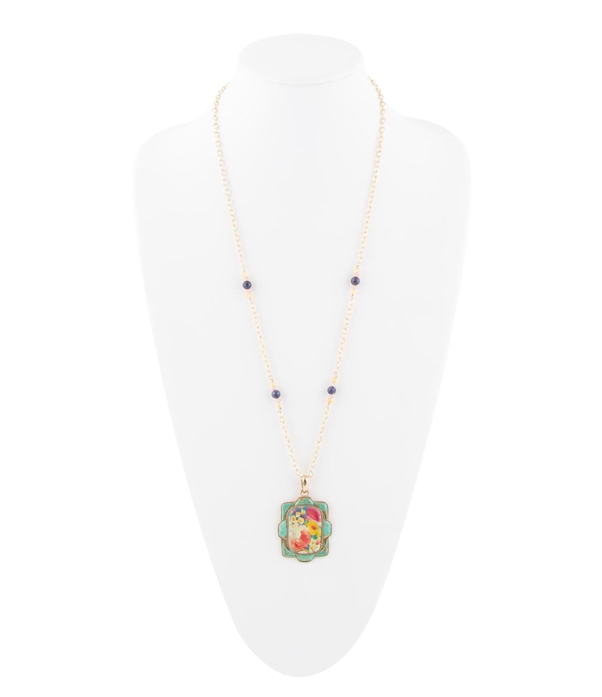 Scenic Floral and Blue Turquoise Golden Pendant Necklace Necklaces La Vie Bien Scenic Floral and Blue Turquoise Golden Pendant Necklace