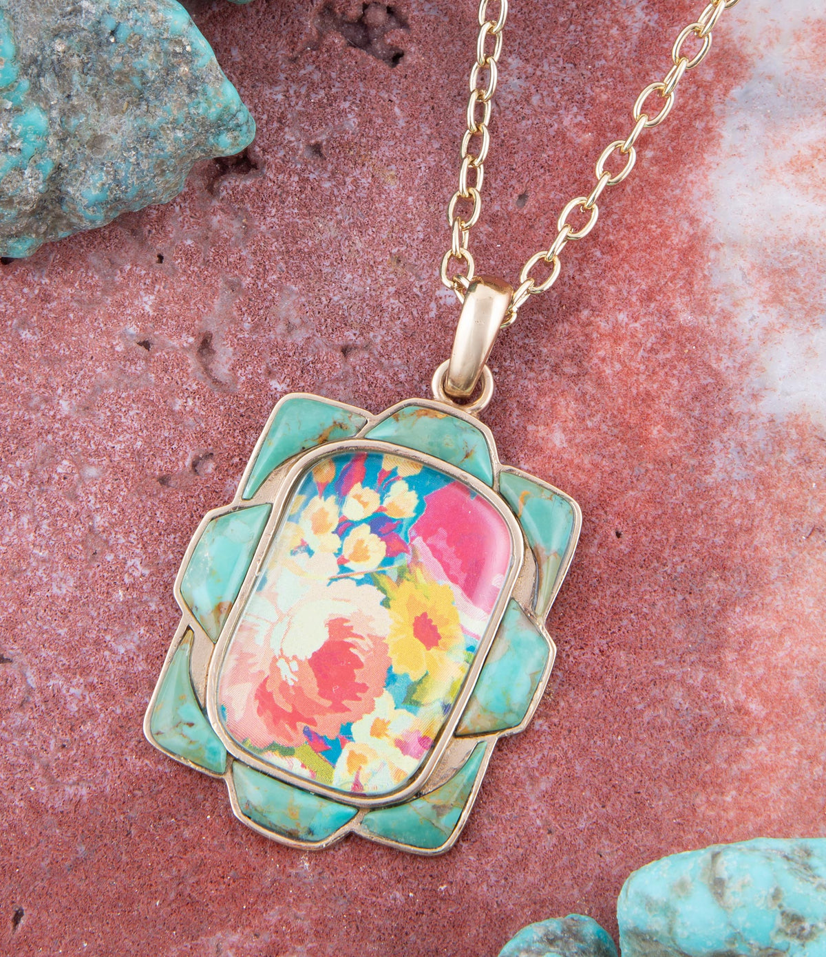 Scenic Floral and Blue Turquoise Golden Pendant Necklace Necklaces La Vie Bien Scenic Floral and Blue Turquoise Golden Pendant Necklace