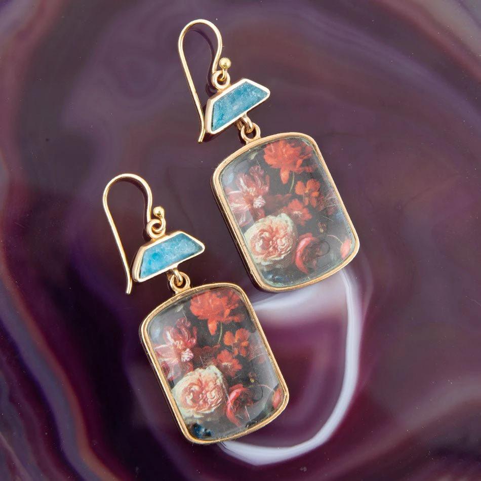 Scenic Dark Florals Blue Apatite Golden Drop Earrings by Barse Jewelry