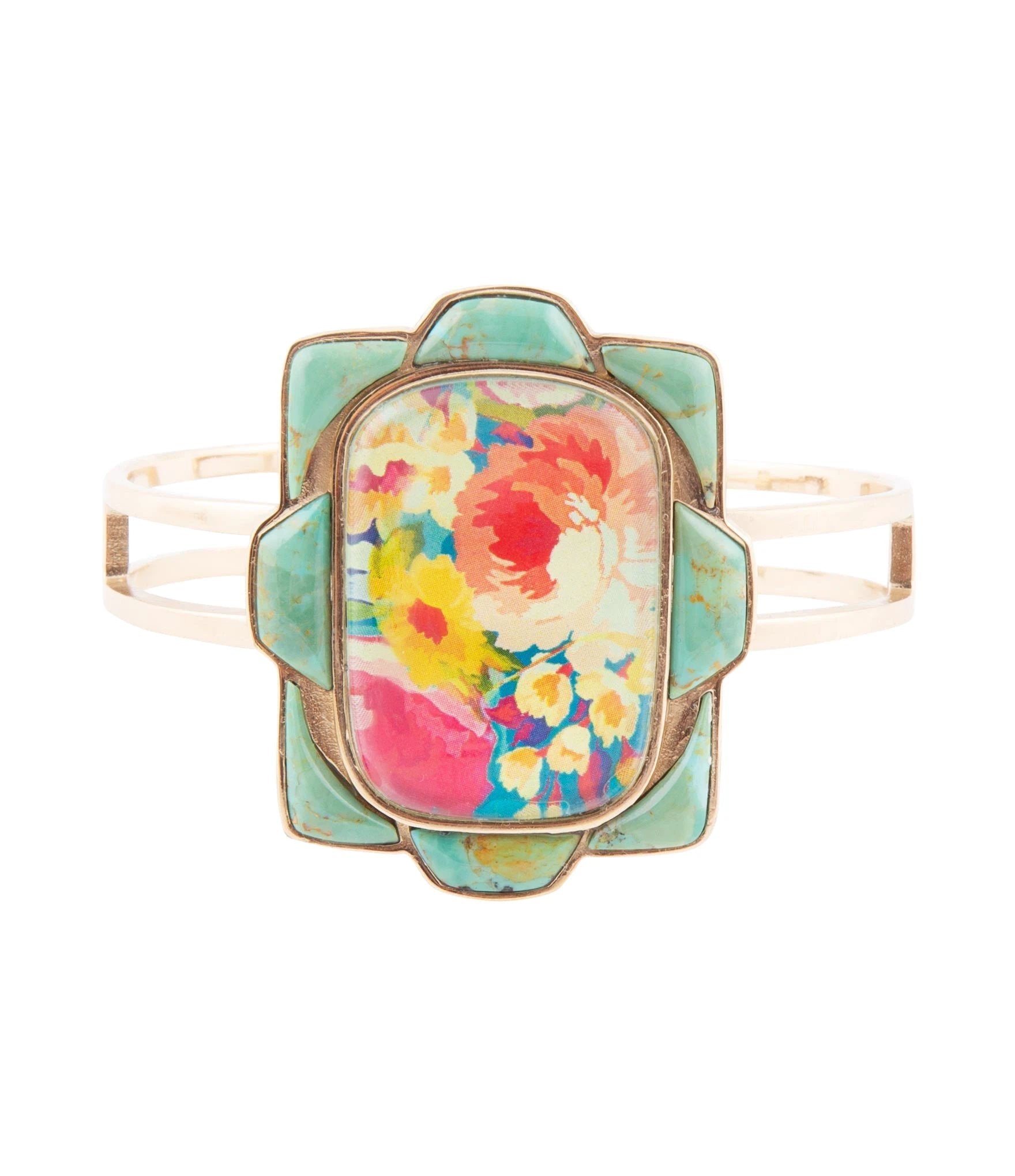 Scenic Floral Blue Turquoise and Golden Cuff Bracelet by Barse Jewelry