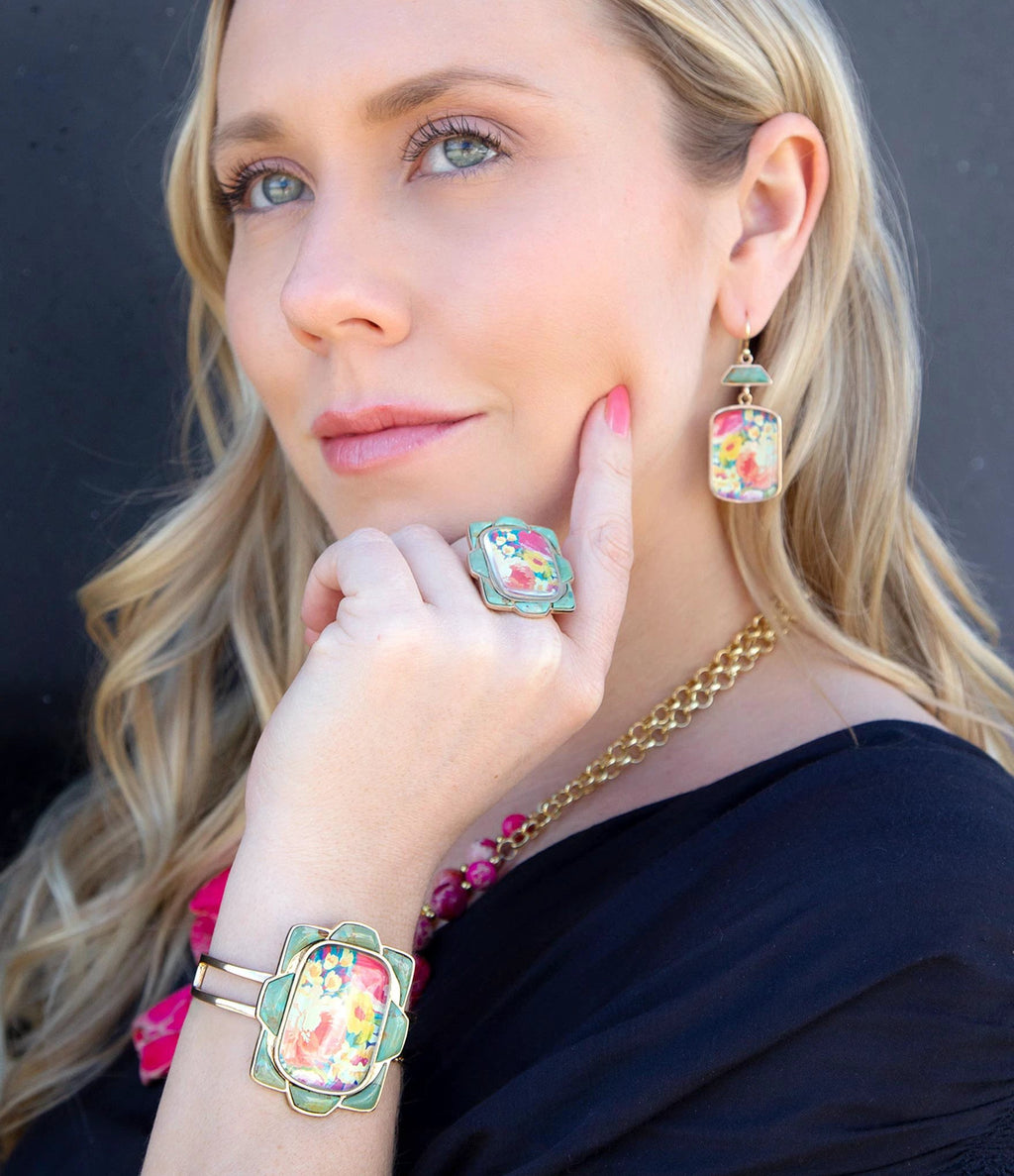 Scenic Floral Blue Turquoise and Golden Cuff Bracelet by Barse Jewelry