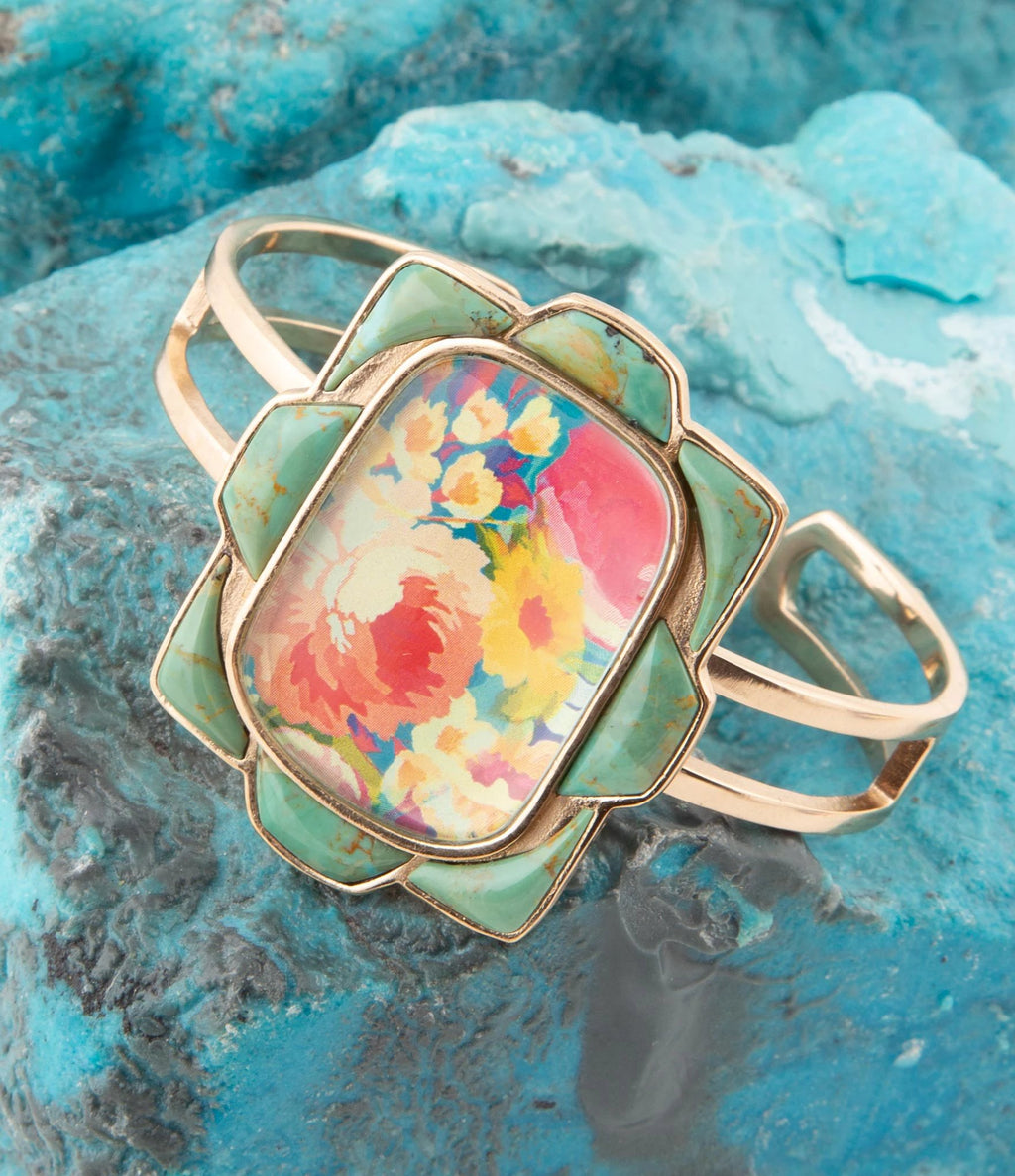 Scenic Floral Blue Turquoise and Golden Cuff Bracelet by Barse Jewelry