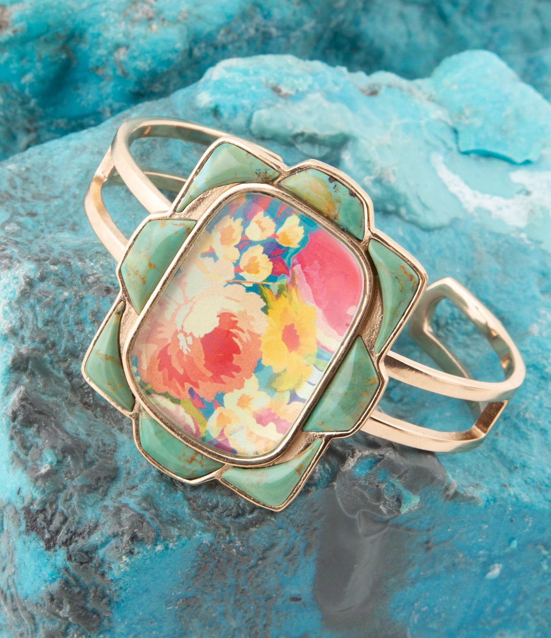 Scenic Floral Blue Turquoise and Golden Cuff Bracelet by Barse Jewelry