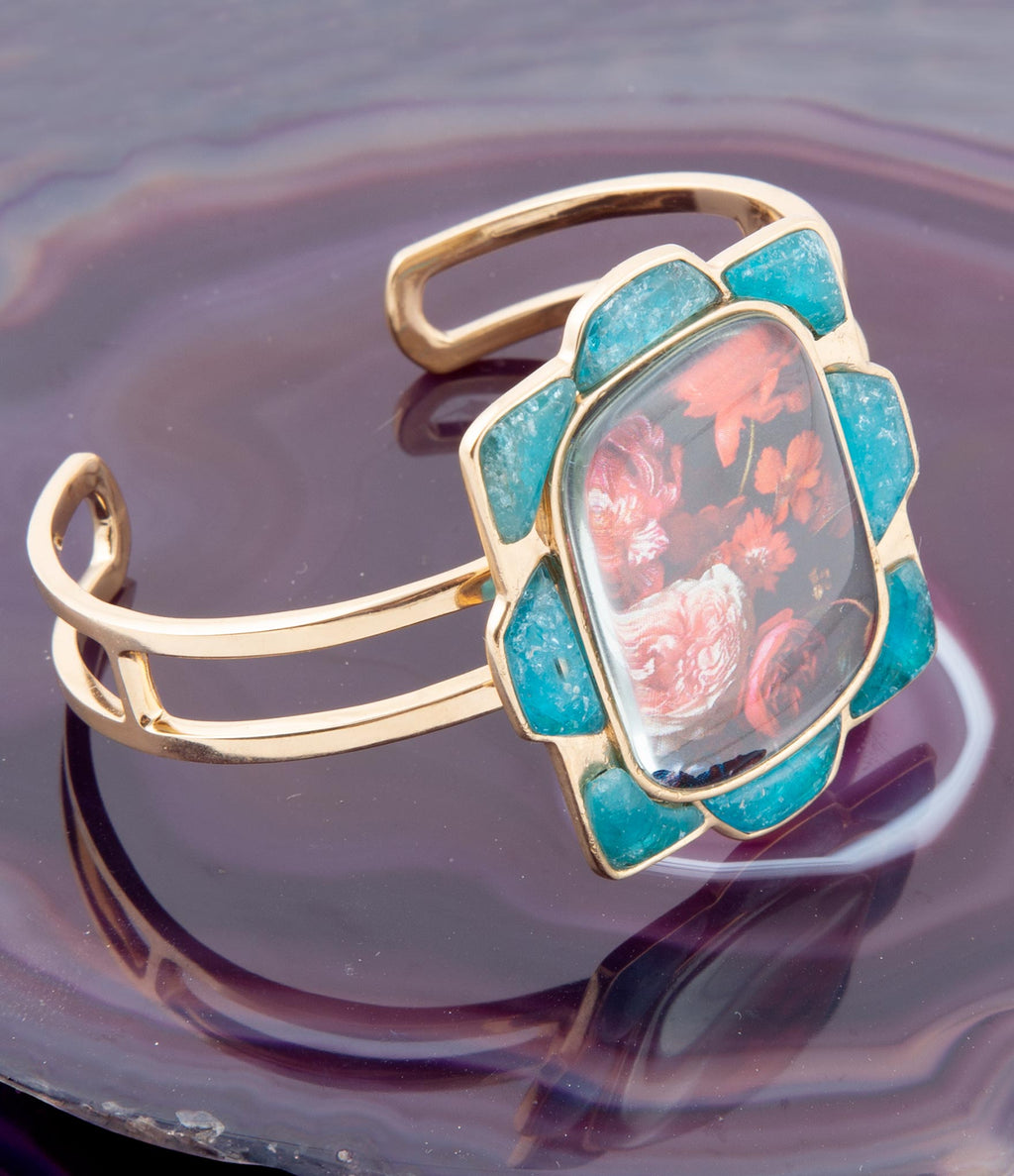 Scenic Red Floral Blue Apatite Golden Cuff Bracelet Bracelets La Vie Bien Scenic Red Floral Blue Apatite Golden Cuff Bracelet