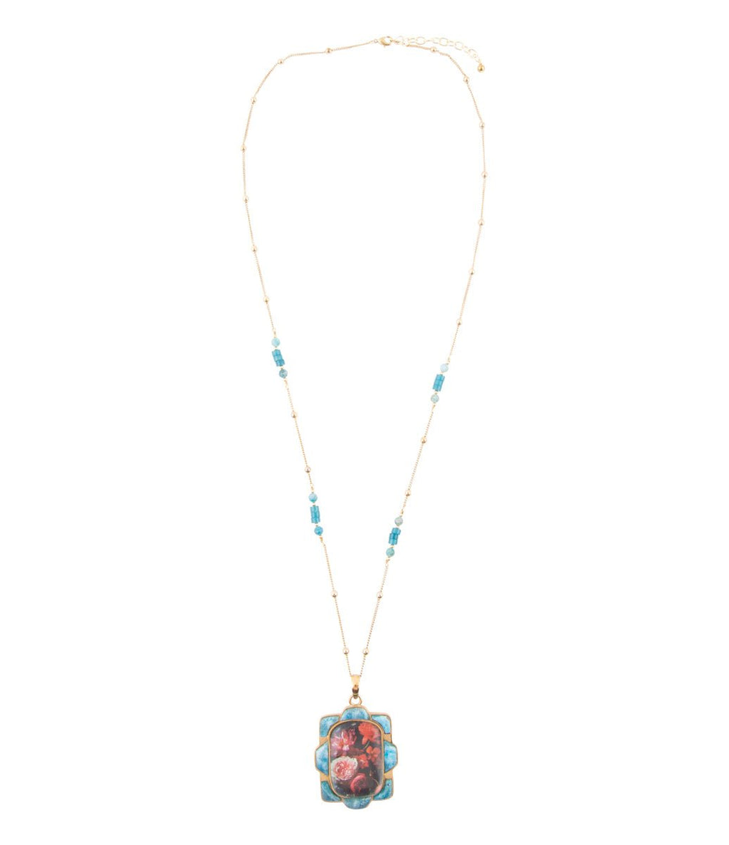 Scenic Red Florals Blue Apatite Golden Pendant Necklace by Barse Jewelry