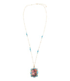 Scenic Red Florals Blue Apatite Golden Pendant Necklace by Barse Jewelry