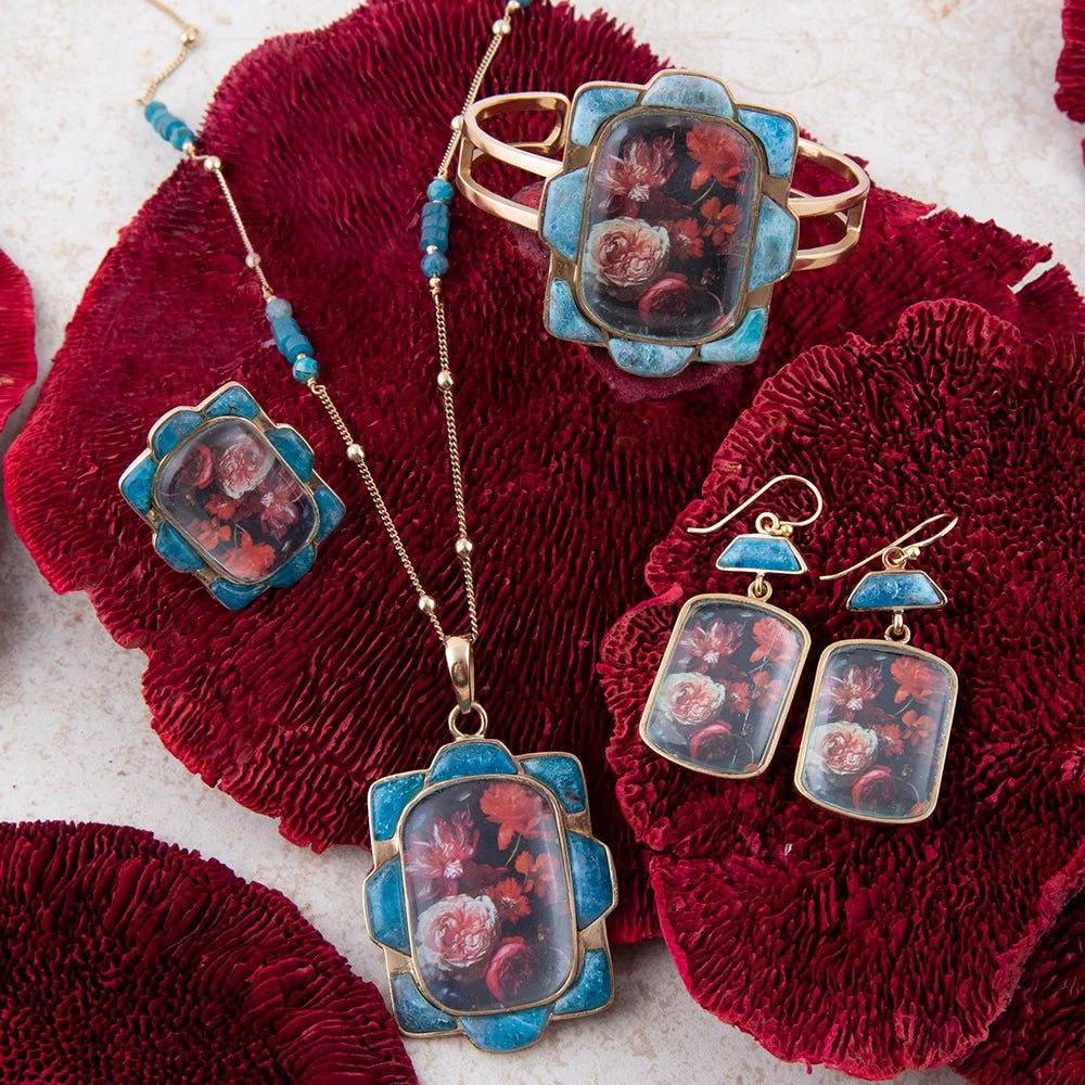 Scenic Red Florals Blue Apatite Golden Pendant Necklace by Barse Jewelry