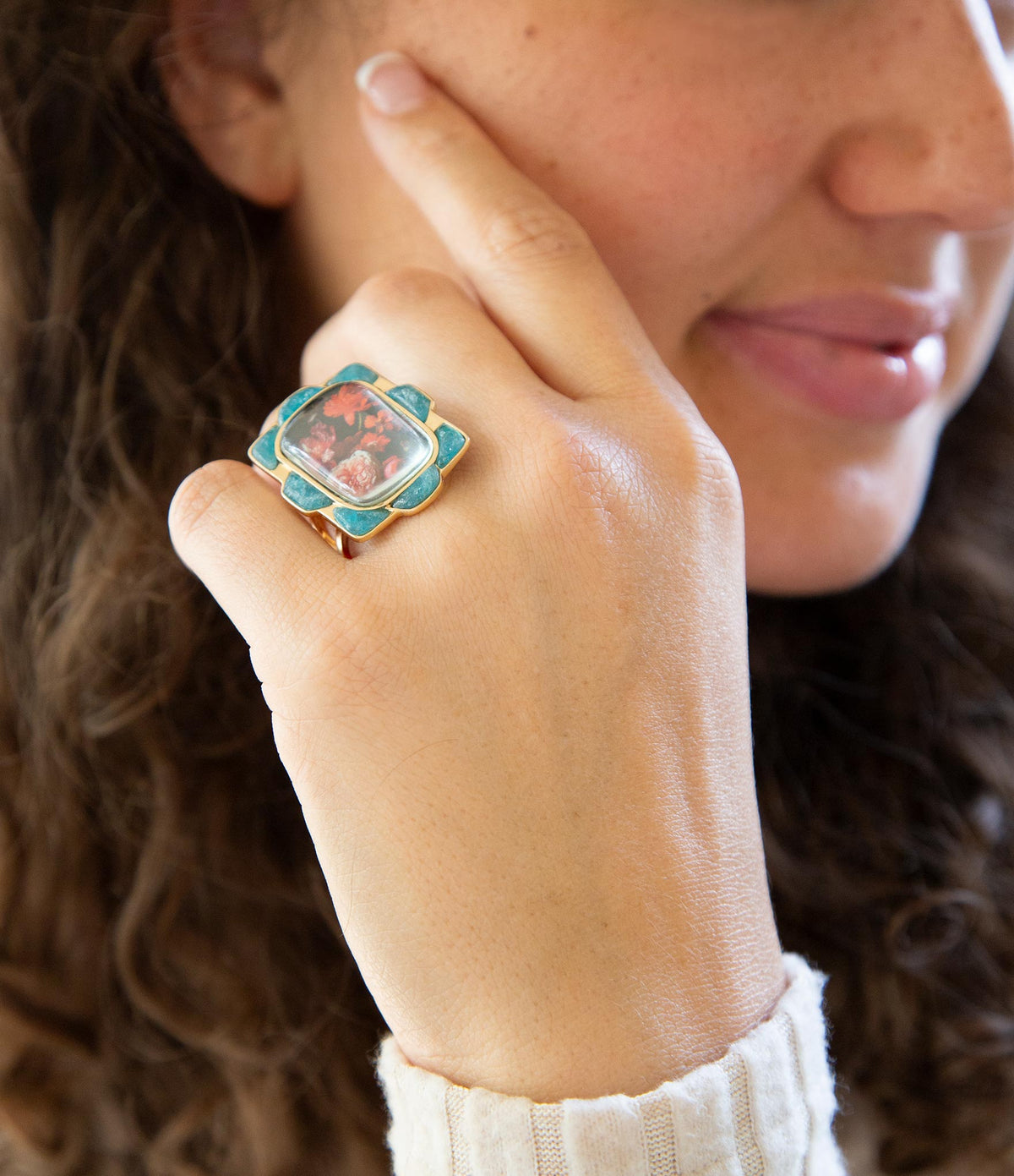 Scenic Red Florals Blue Apatite Golden Statement Ring Rings La Vie Bien Scenic Red Florals Blue Apatite Golden Statement Ring
