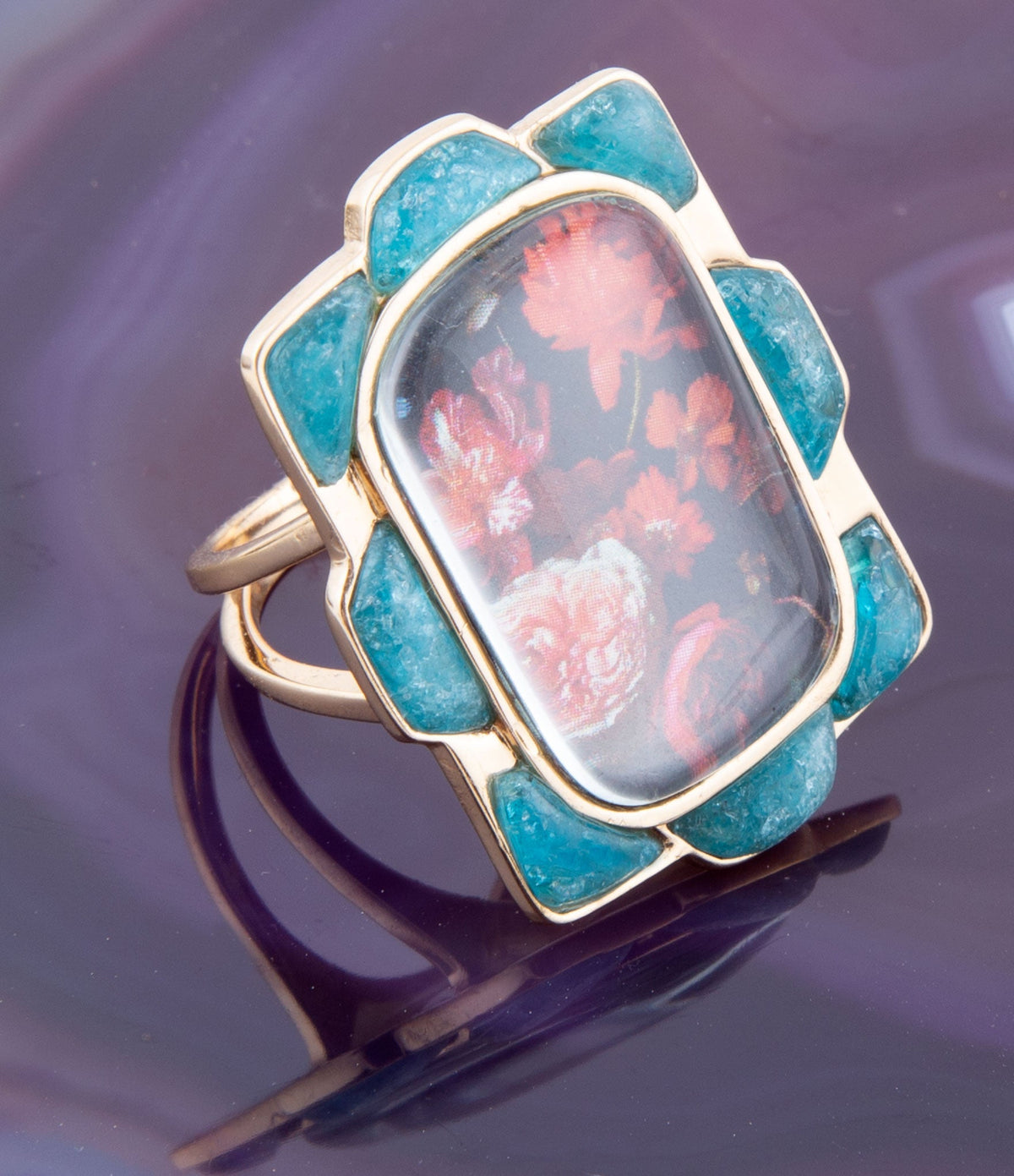 Scenic Red Florals Blue Apatite Golden Statement Ring Rings La Vie Bien Scenic Red Florals Blue Apatite Golden Statement Ring
