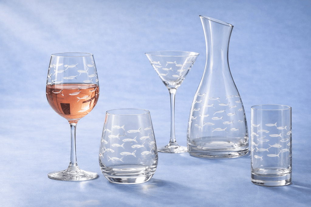 School of Fish Etched Glassware Kitchen Accessories La Vie Bien School of Fish Etched Glassware