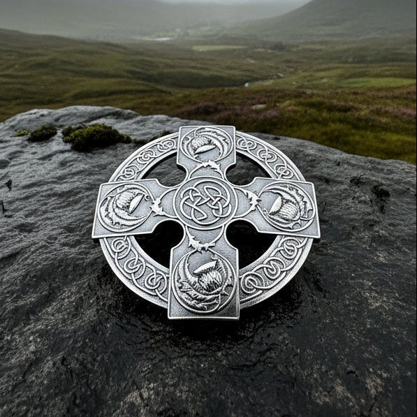 Scottish Thistle Cross Plaid Pin - Handmade in Scotland Brooch La Vie Bien Scottish Thistle Cross Plaid Pin - Handmade in Scotland